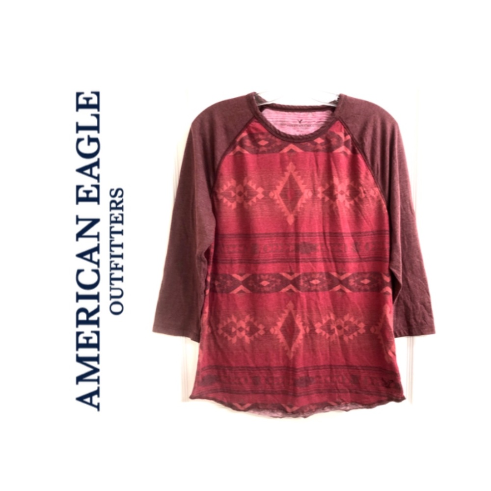 American Eagle Womens Medium Shirt Aztec Print Slim Fit 3/4 Sleeve Burgundy